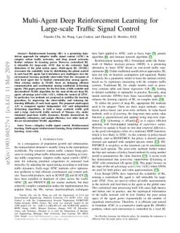 Multi-Agent Deep Reinforcement Learning for Large-scale Traffic Signal
  Control