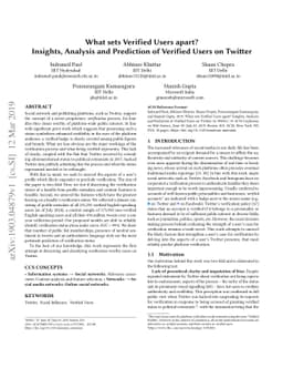 What sets Verified Users apart? Insights, Analysis and Prediction of
  Verified Users on Twitter