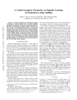 A Control Lyapunov Perspective on Episodic Learning via Projection to
  State Stability
