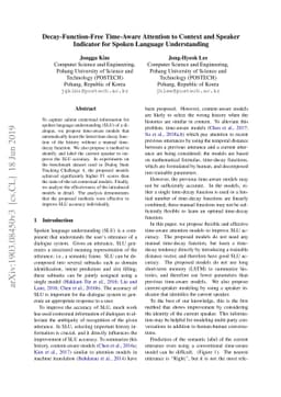 Decay-Function-Free Time-Aware Attention to Context and Speaker
  Indicator for Spoken Language Understanding