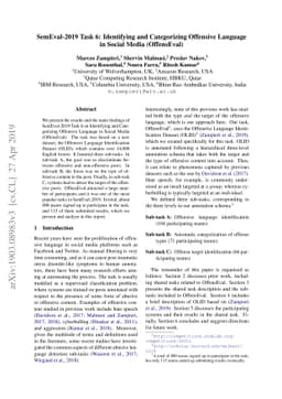 SemEval-2019 Task 6: Identifying and Categorizing Offensive Language in
  Social Media (OffensEval)