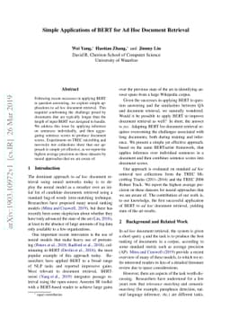 Simple Applications of BERT for Ad Hoc Document Retrieval