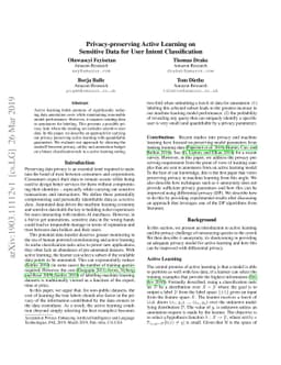 Privacy-preserving Active Learning on Sensitive Data for User Intent
  Classification