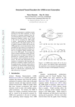 Structural Neural Encoders for AMR-to-text Generation