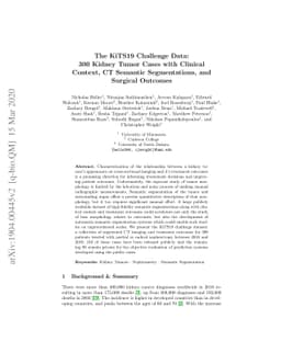 The KiTS19 Challenge Data: 300 Kidney Tumor Cases with Clinical Context,
  CT Semantic Segmentations, and Surgical Outcomes