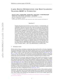 Large Batch Optimization for Deep Learning: Training BERT in 76 minutes