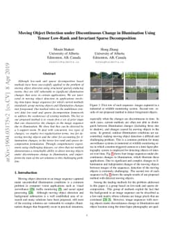 Moving Object Detection under Discontinuous Change in Illumination Using
  Tensor Low-Rank and Invariant Sparse Decomposition