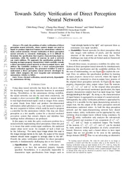 Towards Safety Verification of Direct Perception Neural Networks