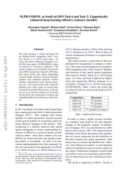 NLPR@SRPOL at SemEval-2019 Task 6 and Task 5: Linguistically enhanced
  deep learning offensive sentence classifier