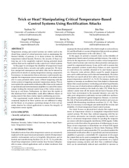 Trick or Heat? Manipulating Critical Temperature-Based Control Systems
  Using Rectification Attacks