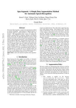 SpecAugment: A Simple Data Augmentation Method for Automatic Speech
  Recognition