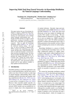 Improving Multi-Task Deep Neural Networks via Knowledge Distillation for
  Natural Language Understanding