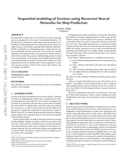 Sequential modeling of Sessions using Recurrent Neural Networks for Skip
  Prediction
