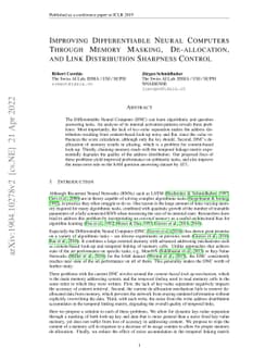 Improving Differentiable Neural Computers Through Memory Masking,
  De-allocation, and Link Distribution Sharpness Control