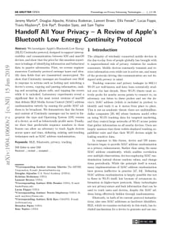 Handoff All Your Privacy: A Review of Apple's Bluetooth Low Energy
  Continuity Protocol