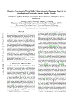 Objective Assessment of Social Skills Using Automated Language Analysis
  for Identification of Schizophrenia and Bipolar Disorder