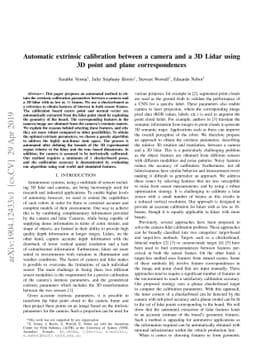 Automatic extrinsic calibration between a camera and a 3D Lidar using 3D
  point and plane correspondences