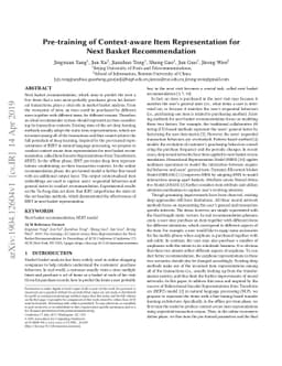 Pre-training of Context-aware Item Representation for Next Basket
  Recommendation