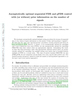 Asymptotically optimal sequential FDR and pFDR control with (or without)
  prior information on the number of signals