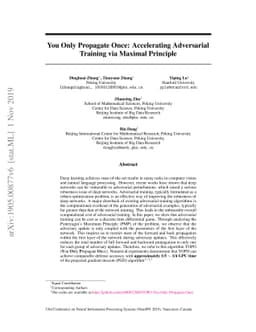 You Only Propagate Once: Accelerating Adversarial Training via Maximal
  Principle