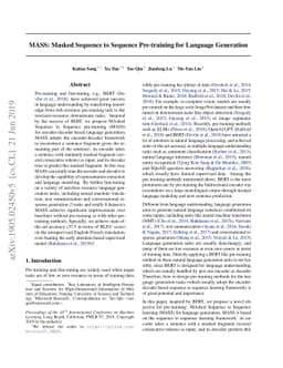 MASS: Masked Sequence to Sequence Pre-training for Language Generation