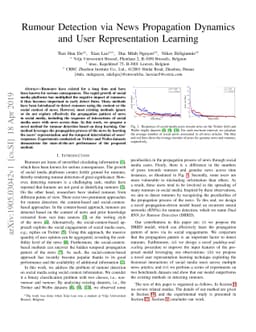 Rumour Detection via News Propagation Dynamics and User Representation
  Learning