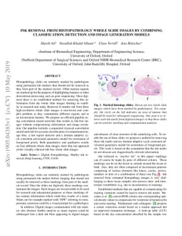 Ink removal from histopathology whole slide images by combining
  classification, detection and image generation models