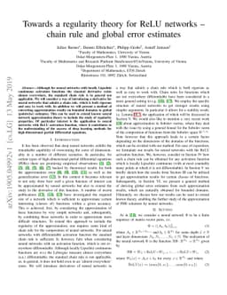 Towards a regularity theory for ReLU networks -- chain rule and global
  error estimates