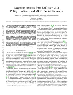 Learning Policies from Self-Play with Policy Gradients and MCTS Value
  Estimates
