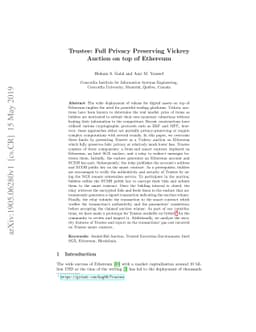 Trustee: Full Privacy Preserving Vickrey Auction on top of Ethereum