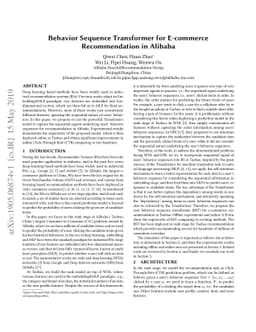 Behavior Sequence Transformer for E-commerce Recommendation in Alibaba