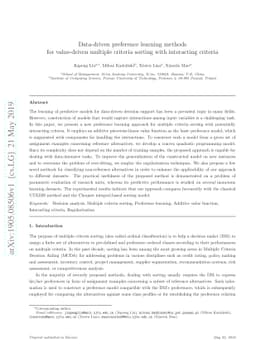 Data-driven preference learning methods for value-driven multiple
  criteria sorting with interacting criteria