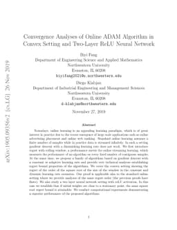 Convergence Analyses of Online ADAM Algorithm in Convex Setting and
  Two-Layer ReLU Neural Network