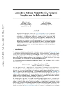 Connections Between Mirror Descent, Thompson Sampling and the
  Information Ratio