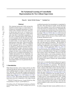 On Variational Learning of Controllable Representations for Text without
  Supervision