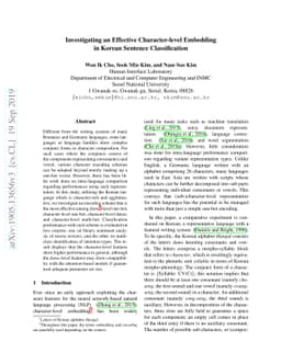 Investigating an Effective Character-level Embedding in Korean Sentence
  Classification