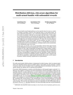 Distribution oblivious, risk-aware algorithms for multi-armed bandits
  with unbounded rewards