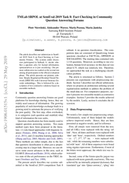 TMLab SRPOL at SemEval-2019 Task 8: Fact Checking in Community Question
  Answering Forums