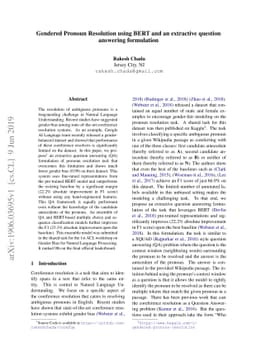 Gendered Pronoun Resolution using BERT and an extractive question
  answering formulation