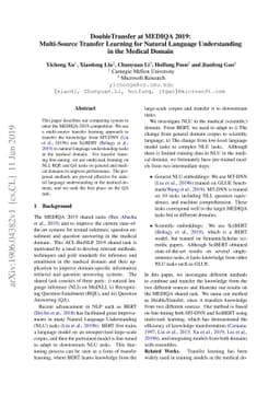 DoubleTransfer at MEDIQA 2019: Multi-Source Transfer Learning for
  Natural Language Understanding in the Medical Domain