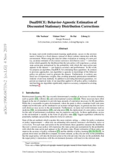 DualDICE: Behavior-Agnostic Estimation of Discounted Stationary
  Distribution Corrections