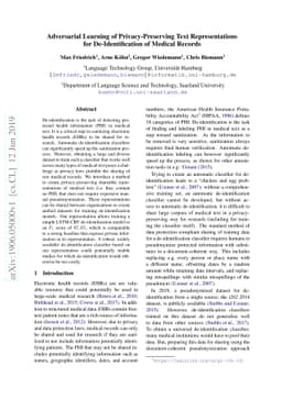 Adversarial Learning of Privacy-Preserving Text Representations for
  De-Identification of Medical Records