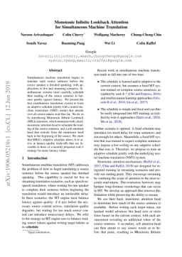 Monotonic Infinite Lookback Attention for Simultaneous Machine
  Translation