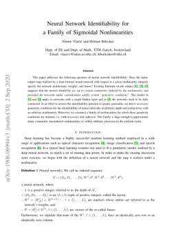 Neural network identifiability for a family of sigmoidal nonlinearities