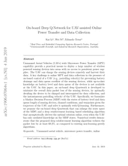 On-board Deep Q-Network for UAV-assisted Online Power Transfer and Data
  Collection
