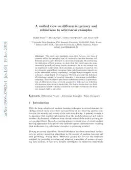 A unified view on differential privacy and robustness to adversarial
  examples