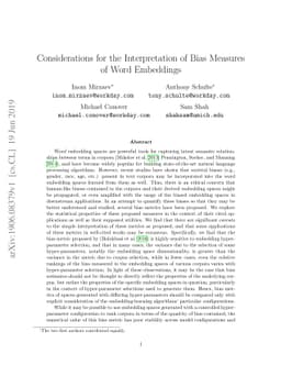 Considerations for the Interpretation of Bias Measures of Word
  Embeddings