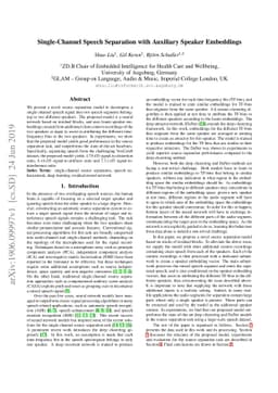 Single-Channel Speech Separation with Auxiliary Speaker Embeddings
