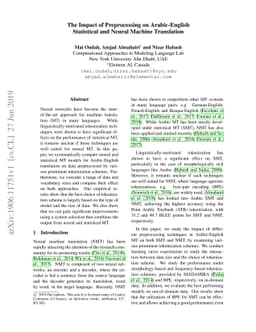 The Impact of Preprocessing on Arabic-English Statistical and Neural
  Machine Translation