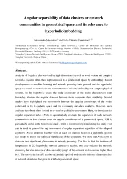 Angular separability of data clusters or network communities in
  geometrical space and its relevance to hyperbolic embedding